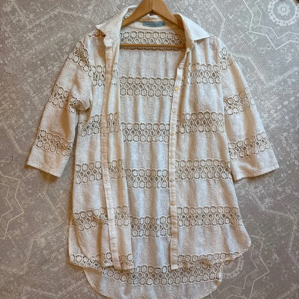 Solitaire Swim Cover Up Womens Large White Crochet Lace Embroidered Button Front